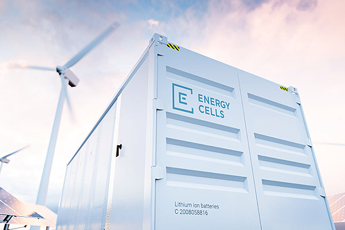 Konceptualus šiuolaikinės akumuliatoriaus energijos kaupimo sistemos vaizdas su vėjo turbinomis ir saulės baterijų elektrinėmis fone. 3d atvaizdavimas